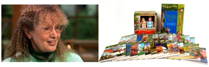 매직트리하우스의 저자 메리 포프 오즈번과 그녀가 뉴어크의 초등학교 3학년생 4천3백명에게 기증한 28권짜리 전집. 약 12만권. (Rock Center, Amazon캡처)