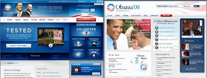 오바마의 캠페인 웹페이지 ”12 (좌), “08 (우)