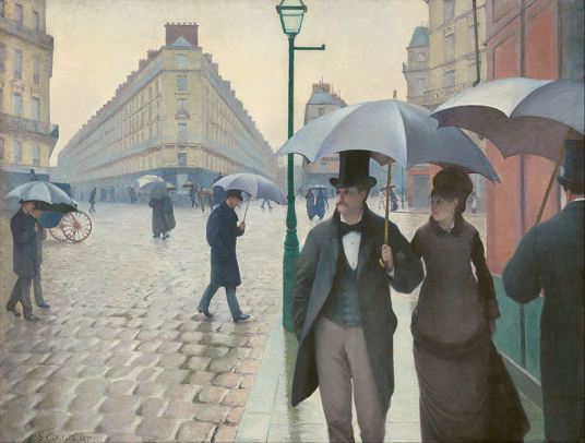 [Gustave Caillebotte, Paris Street: Rainy Day, 1877]. 파리의 쌩라자르역(Saint-Lazare)을 배경으로 한 작품으로 19세기 말의 패션과 도시의 모습을 읽을 수 있다. 도시의 출현과 카페, 기차역, 공연장 등은 공적영역의 개념화에 중요한 역할을 했다.
