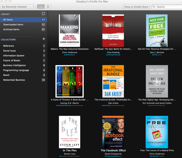 필자의 Kindle Library: Library는 클라우드에 존재하므로 어떤 기기에서나 접근이 가능하다.