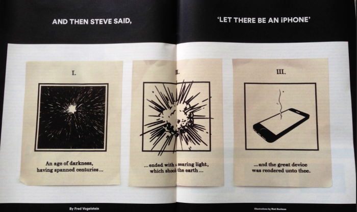 NYT의 "And Then Steve Said, ‘Let There Be an iPhone’" 기사는 일요판 NYT와 같이 배달되는 NYT매거진에 실렸다. 사진은 천지창조에 빗대 아이폰의 탄생을 그린 이 기사의 삽화.
