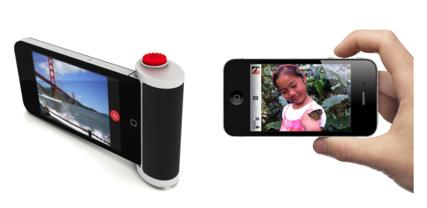 왼쪽: ‘레드 팝’ 아이폰 액세서리, 오른쪽: 아이폰 볼륨업 키의 셔터 기능