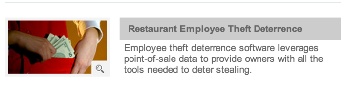 NCR Restaurant Guard라는 소프트웨어 소개문구. 레스토랑전산시스템의 Add-on으로 제공되는 것 같다. 시스템에 기록되는 종업원의 행동을 실시간으로 감시해 의심되는 건이 있으면 경보를 울린다.