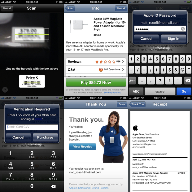 애플 스토어 앱의 이지페이 프로세스 예. 상품의 바코드를 카메라로 읽고, 애플 ID 비밀번호와 카드의 CVV 번호를 넣으면 영수증을 발행해준다. (출처: 비즈니스 인사이더)